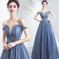 Blue tulle sequins long prom dress evening dress - Thumbnail 7