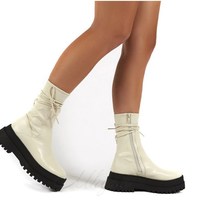 Black and Beige Mid Calf Fashion Winter Boots - Thumbnail 4