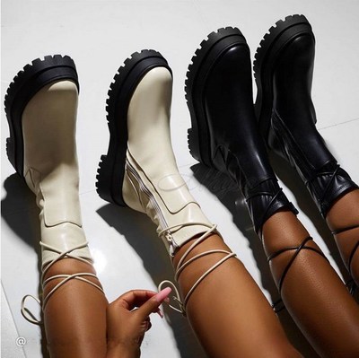 Black and Beige Mid Calf Fashion Winter Boots