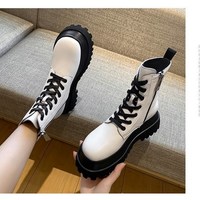 Black and White Side Zip PU Leather Boots - Thumbnail 4