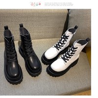 Black and White Side Zip PU Leather Boots - Thumbnail 5