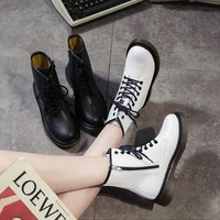 Harajuku Black and White Leather Lace up Ankle Boots - Thumbnail 1