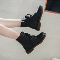 Harajuku Black and White Leather Lace up Ankle Boots - Thumbnail 4