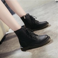 Harajuku Black and White Leather Lace up Ankle Boots - Thumbnail 5