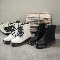 Harajuku Black and White Leather Lace up Ankle Boots - Thumbnail 6