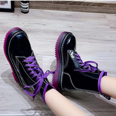 Leather lace up black and purple ankle boots - Thumbnail 4