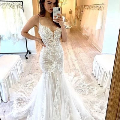 Spaghetti straps mermaid wedding dress with lace - Thumbnail 3
