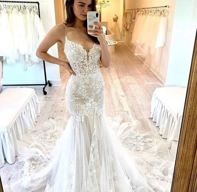 Spaghetti Straps Mermaid Wedding Dress with Lace