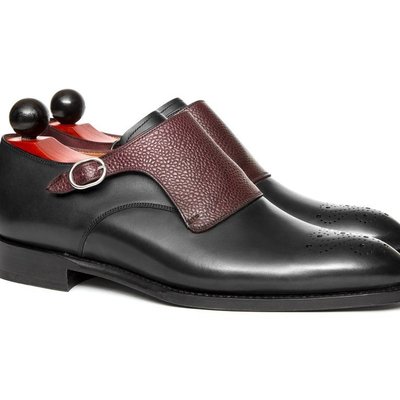 Men’s handmade black & maroon monk leather shoes, men’s two-tone formal shoes