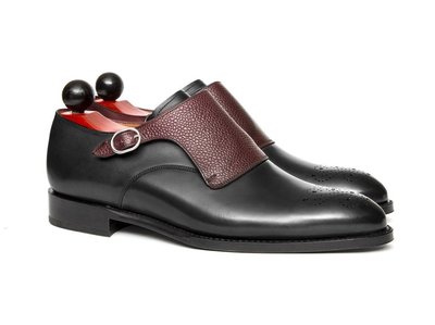 Men’s Handmade Black & Maroon Monk Leather Shoes, Men’s Two-Tone Formal Shoes