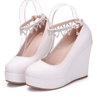Cute Rhinestones Ankle Strap Wedge Shoes in Black and White - Thumbnail 6