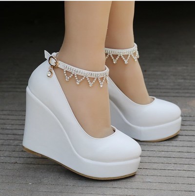 Cute Rhinestones Ankle Strap Wedge Shoes in Black and White