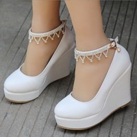 Cute Rhinestones Ankle Strap Wedge Shoes in Black and White - Thumbnail 1