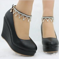 Cute Rhinestones Ankle Strap Wedge Shoes in Black and White - Thumbnail 8