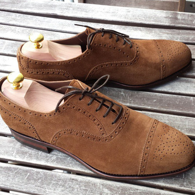Men’s handmade tan colour suede shoes, men’s cap toe brogue dress formal lace up