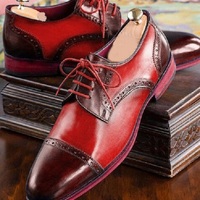 Men Two Tone Maroon Red Derby Rounded Cap Toe Real Leather Lace Up Shoes - Thumbnail 1