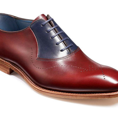 Men's maroon red blue contrast medallion toe real leather lace up shoes