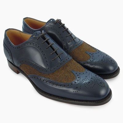 Handmade Men’s Blue Leather & Tweed Shoes, Wing Tip Brogue Formal Lace Up Shoes