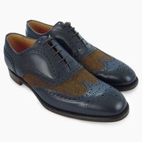 Handmade Men’s Blue Leather & Tweed Shoes, Wing Tip Brogue Formal Lace Up Shoes - Thumbnail 1