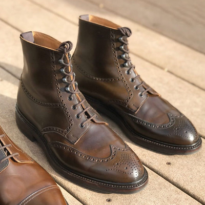 Handmade brown ankle wing tip brogue lace up boot leather men's boot - Thumbnail 1