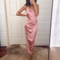 Chic Sheath One Shoulder Blush Pink Satin Evening Party Dresses - Thumbnail 1