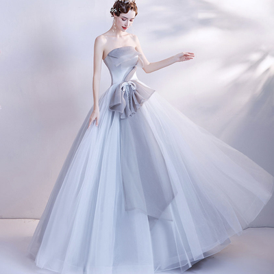 Gray tulle long prom dress gray evening dress - Thumbnail 4