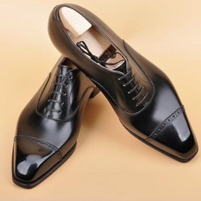 New christmas handmade black cap toe leather lace up formal men's shoes - Thumbnail 5