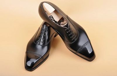 New Christmas Handmade Black Cap Toe Leather Lace Up Formal Men's Shoes