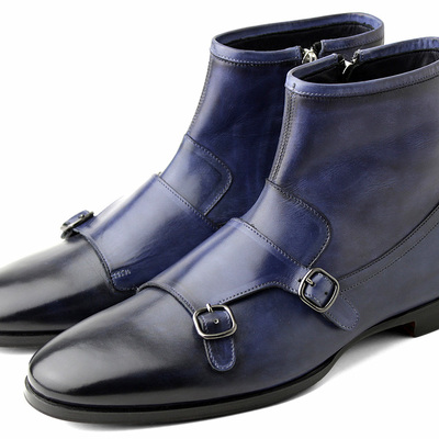 New men’s handmade blue monk straps boots, men’s side zipper leather boots - Thumbnail 2