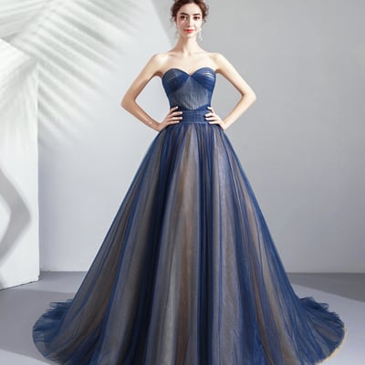 Blue tulle long prom dress blue evening dress - Thumbnail 5