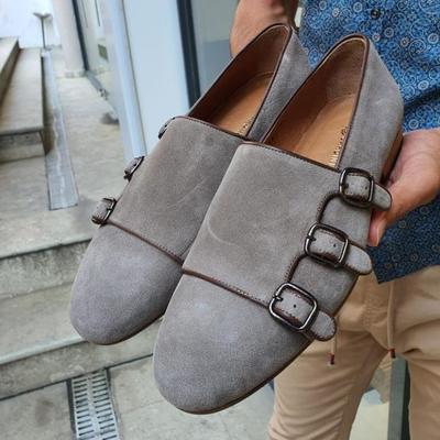 Gray side customize triple monk strap dress shoes for mens