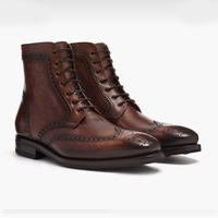 Handmade Men's Brown Wing Tip Brogue Ankle Boots, Men Leather Designer Boots - Thumbnail 1
