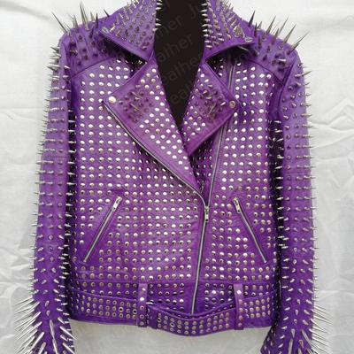 New men's full purple steam punk silver long spiked studded leather brando jacket rock style