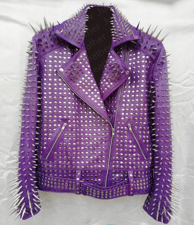 New Men's Full Purple Steam Punk Silver Long Spiked Studded Leather Brando Jacket Rock Style