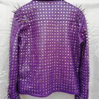 New Men's Full Purple Steam Punk Silver Long Spiked Studded Leather Brando Jacket Rock Style - Thumbnail 1