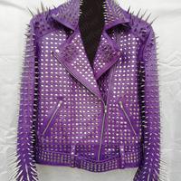New Men's Full Purple Steam Punk Silver Long Spiked Studded Leather Brando Jacket Rock Style - Thumbnail 4