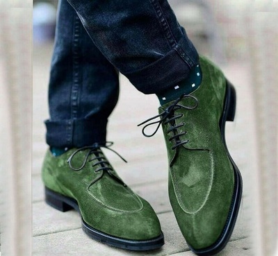 Green Ankle High Suede Boots, Lace up Designer Dress Casual Boots For Mens