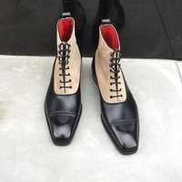 Handmade Beige & Black  Leather & Suede Cap Toe Ankle Lace Up Boot,Dress Boot - Thumbnail 1