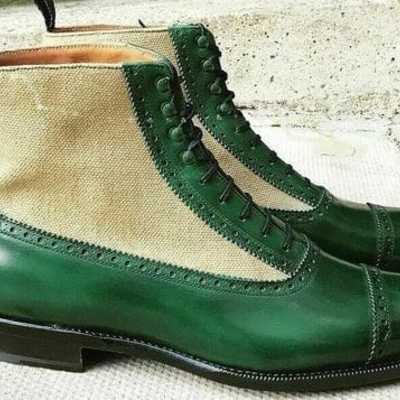 Handmade beige & green leather & fabric cap toe ankle boot,dress boot - Thumbnail 1