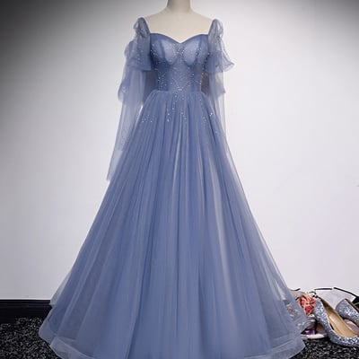 Blue tulle long prom dress simple evening dress - Thumbnail 3