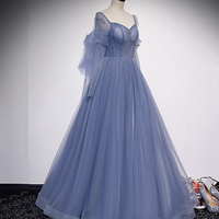 Blue tulle long prom dress simple evening dress - Thumbnail 1