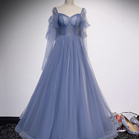 Blue tulle long prom dress simple evening dress - Thumbnail 4