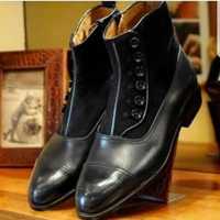 Handmade Black Cap Toe Ankle Button Top Leather & Suede Boot,Dress Boot - Thumbnail 1