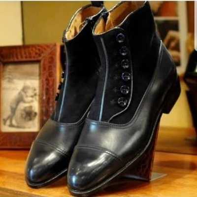 Handmade black cap toe ankle button top leather & suede boot,dress boot - Thumbnail 1