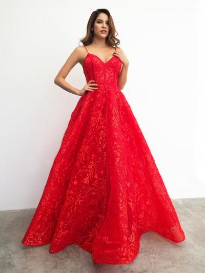 Elegant A-Line V Neck Red Lace Long Prom Evening Dresses,Formal Women Dresses,Party Dresses
