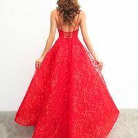 Elegant A-Line V Neck Red Lace Long Prom Evening Dresses,Formal Women Dresses,Party Dresses - Thumbnail 1