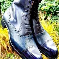 Handmade Blue Leather & Pebbled Leather Ankle Lace Up Boot,Dress Boot - Thumbnail 1