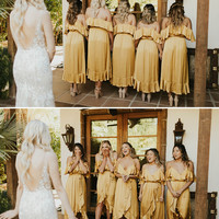 Open Shoulder Hi-Low Gold Bridesmaid Dress with Ruffles，686 - Thumbnail 1