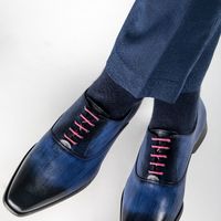 Blue Patina Hand Painted Genuine Leather Burnished Derby Handmade Pink Laces Formal Dress Shoes - Thumbnail 4
