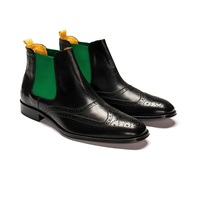 Black Green Contrast Chelsea Jumper Slip On Wing Tip Patent Real Leather Brogue Toe High Ankle Boots - Thumbnail 4